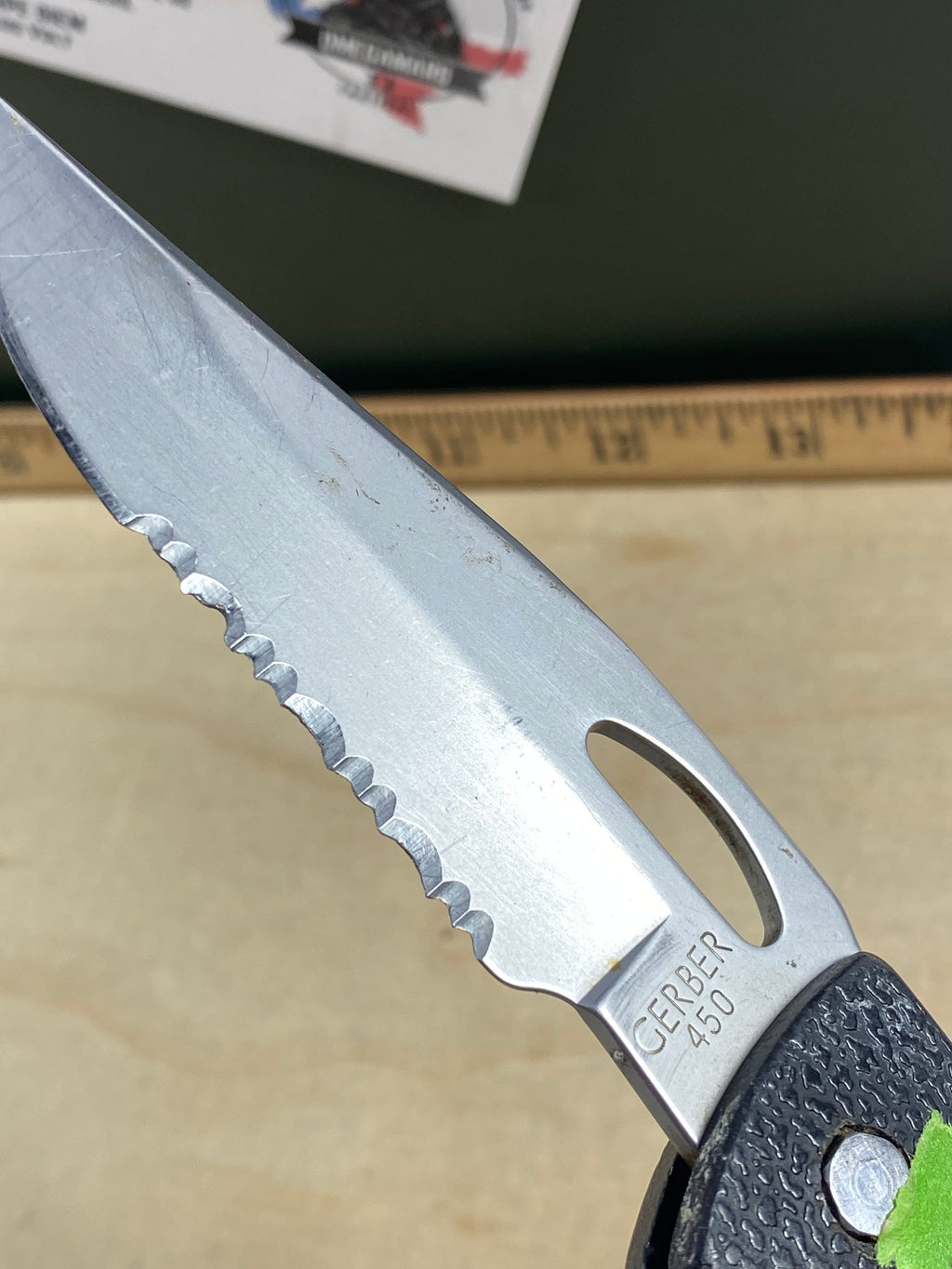 Gerber #42 450 EZ Out Pocket Knife Lockback combo Edge Blade. Light usage. Chip on blade.