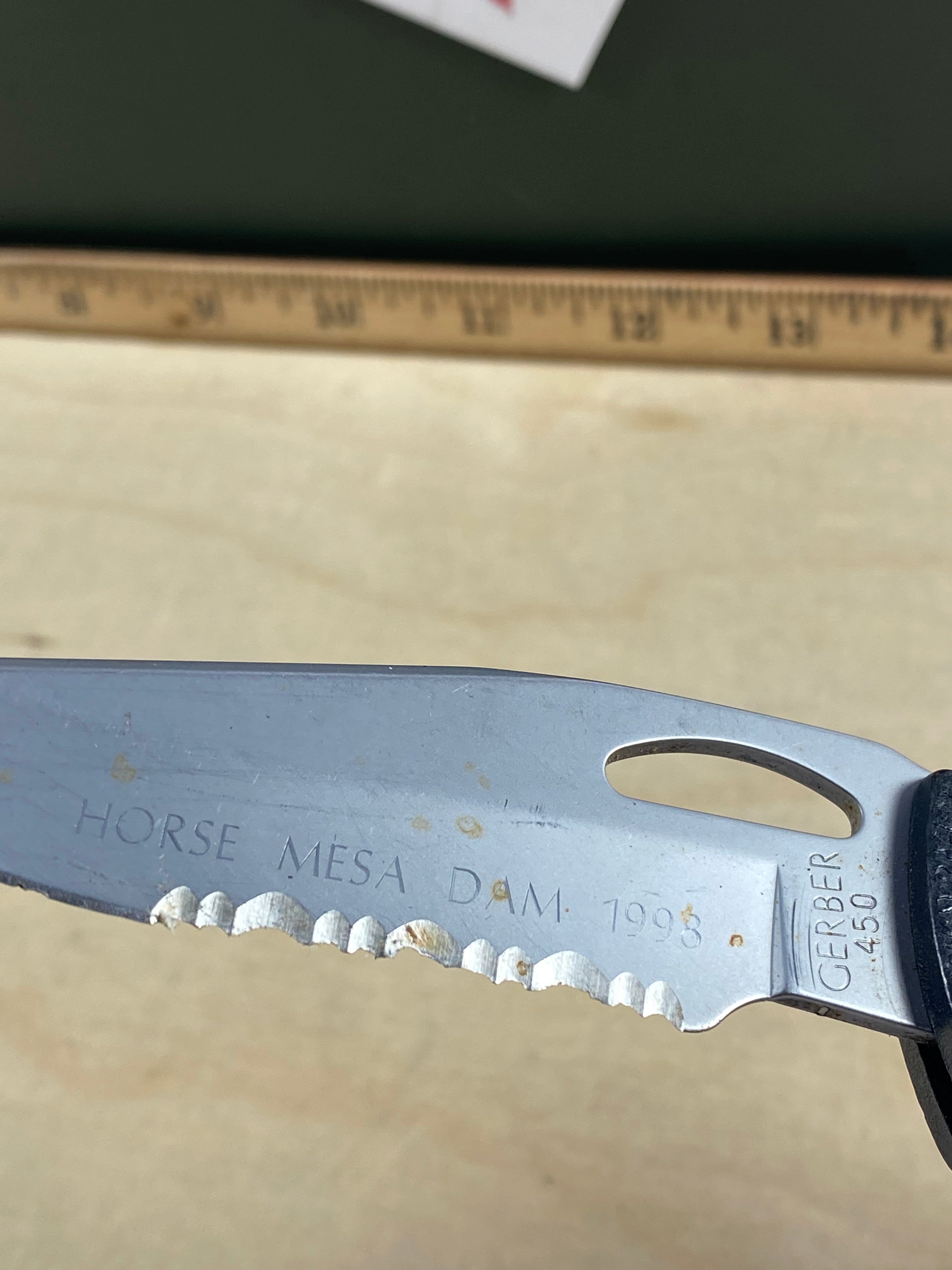 Gerber #59 450 EZ Out Pocket Knife Lockback combo Edge Blade. Light usage. Dirty and chips on blade.