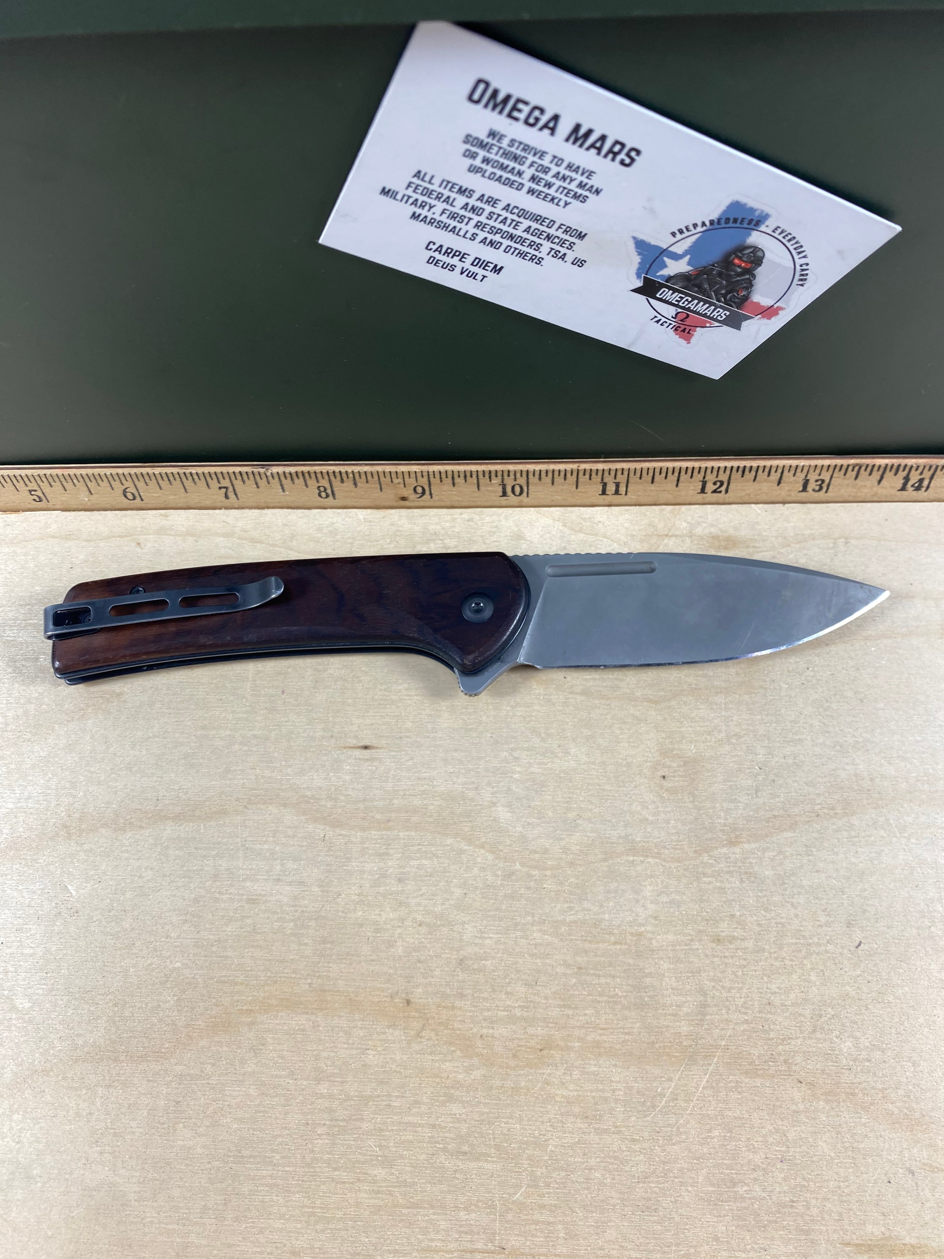CIVIVI #14 Conspirator Flipper & Button Lock Knife Wood Handle. Light usage. Dirty. (MSRP $97.70 NEW)