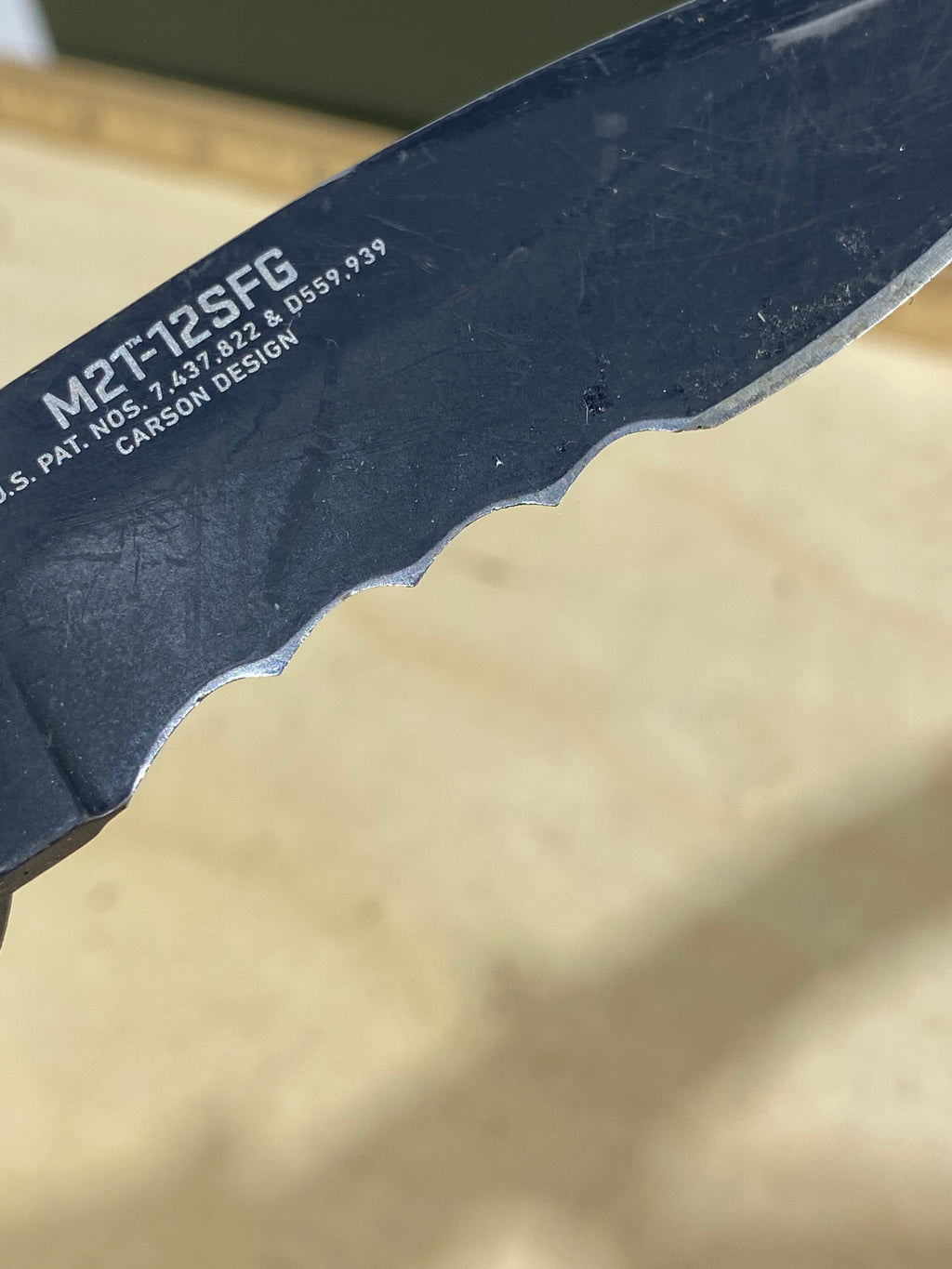 CRKT M21-12SFG #-118. Light usage. Dirty. Chip on blade.