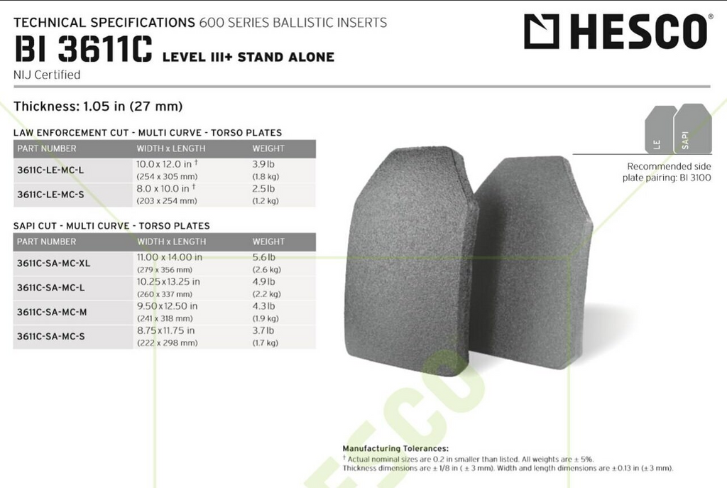 Hesco 3611C - 600 Series Body Armor Level lll+ Rifle Rated. SAPI CUT. Expired Warranty