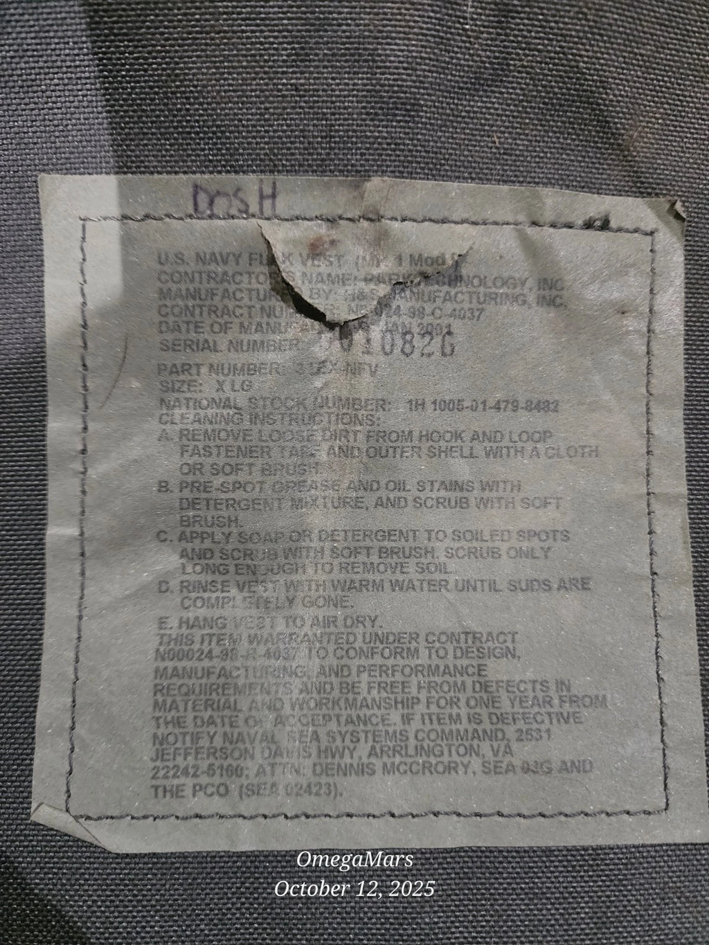 US NAVY / Police Surplus Flak vest X LG Size, Police badge attempted removal.